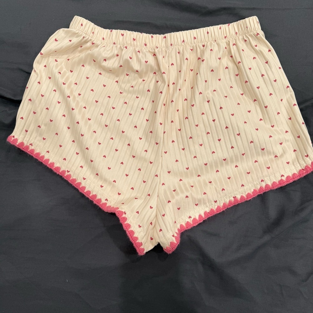 Coquette Aesthetic Ribbed Heart Pajamas Shorts Set with Scalloped Trim-Medium - Picture 6 of 14